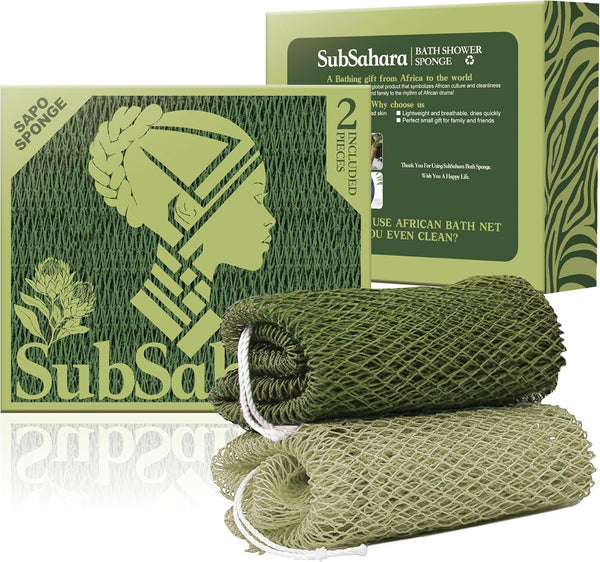 Authentic African Net Sponge - 2 Pieces Exfoliating Scrubber for All Skin Types, Bath Sponge for Face & Body, Travel Portable, Durable, Gentle Exfoliation (Olive Green & Light Green)