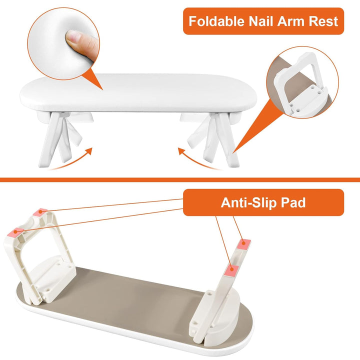Nail Arm Rest, Foldable PU Leather Nail Hand Rest for Manicure, with Soft Nail Mat for Table, Soft Hand Rest for Acrylic Nails/Nail Hand Pillow for Manicure Salon Use-White