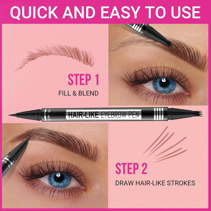 Microblading Eyebrow Pen - Eyebrow Pencil Magical 2-In-1 Dual-Ended Eye Brow Pencils for Women with 4-Fork-Tip & Precise Brush-Tip Create Natural Hair-Like Brows, Last All-Day, Dark Brown