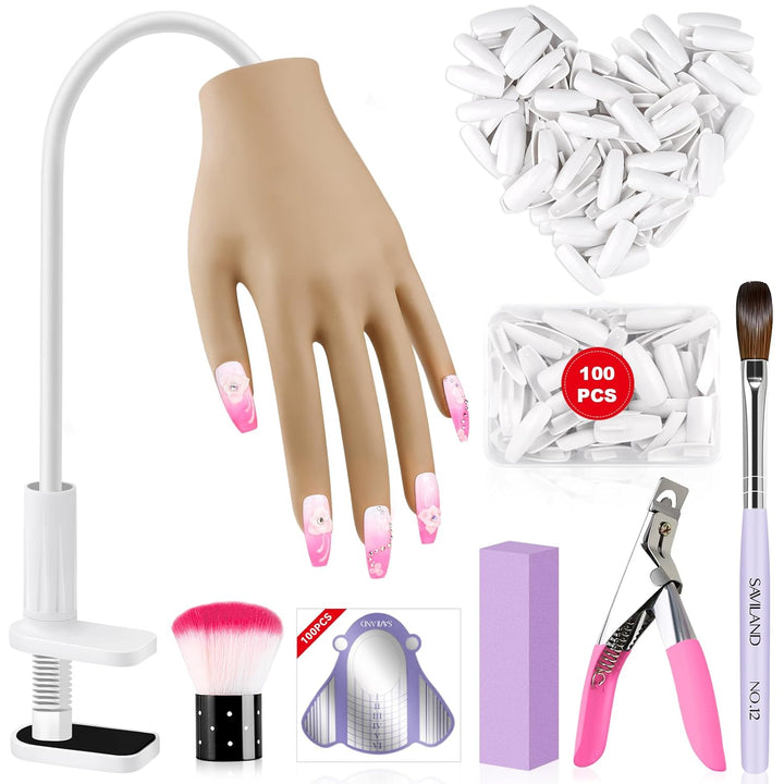 Practice Hand for Acrylic Nails, Flexible Moveable Fake Hands, Manicure Trainng Hand Nail Kit for Beginners, Movable Nail Maniquin Hand with 200PCS Nail Tips, Nail Glues, Brush and Clipper