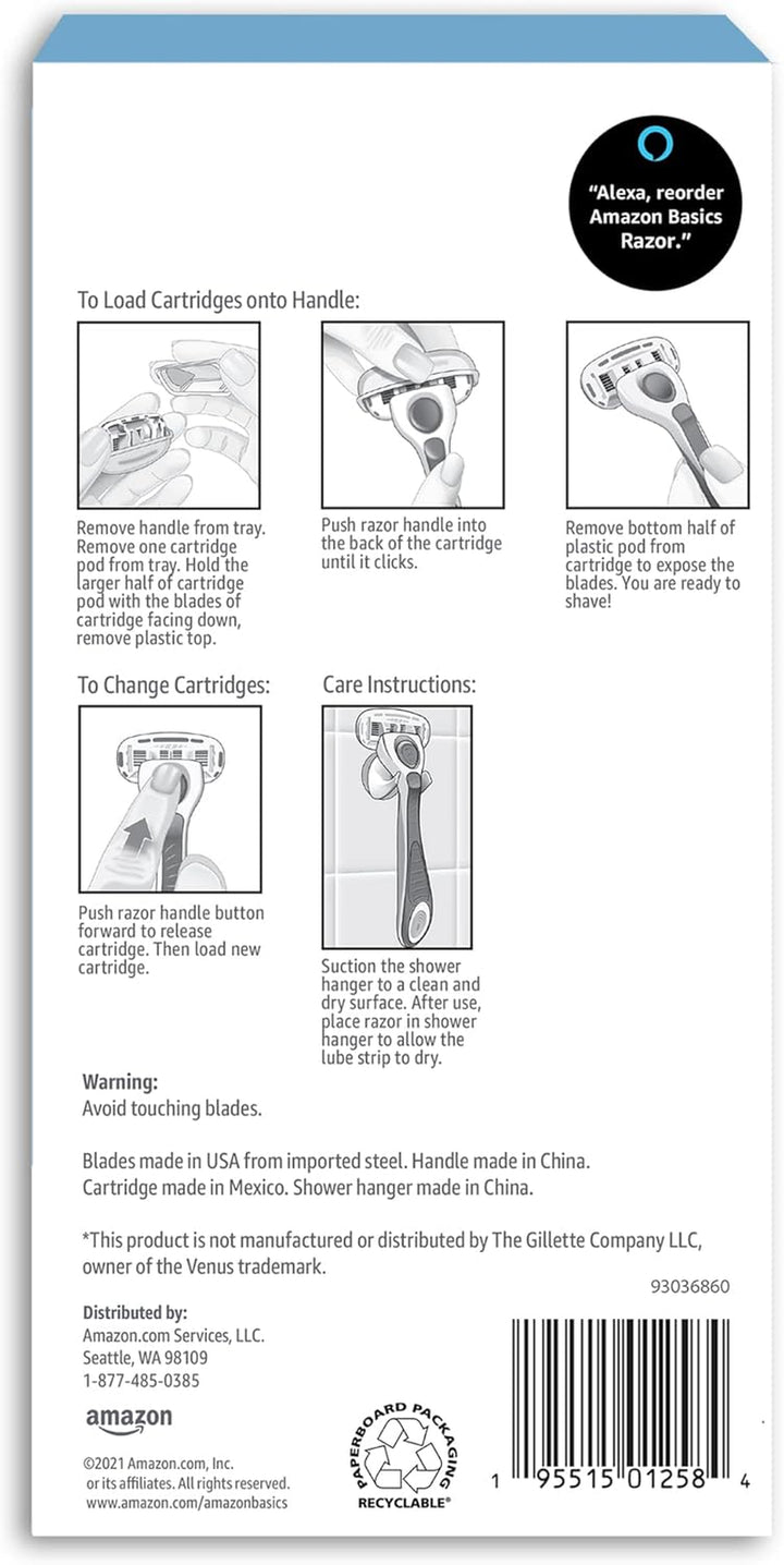 5-Blade Razor Handle for Women, Includes 12 Cartridges and Shower Hanger, 14 Piece Set, Blue