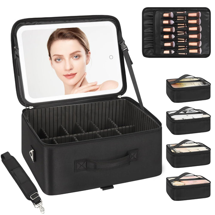 Travel Makeup Bag with LED Mirror, Cosmetic Train Case with Light up Mirror, Portable Makeup Artist Organizer Bag with Adjustable Dividers, Makeup Brush Holder Storage, Black