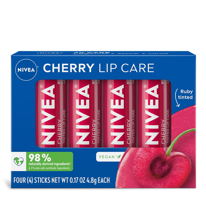 Lip Care, Fruity Tinted Lip Balm Variety Pack, Cherry, Strawberry, Blackberry and Watermelon Flavors, 3-In-1 Moisture, Repair and Color, 0.17 Oz Stick, Pack of 4