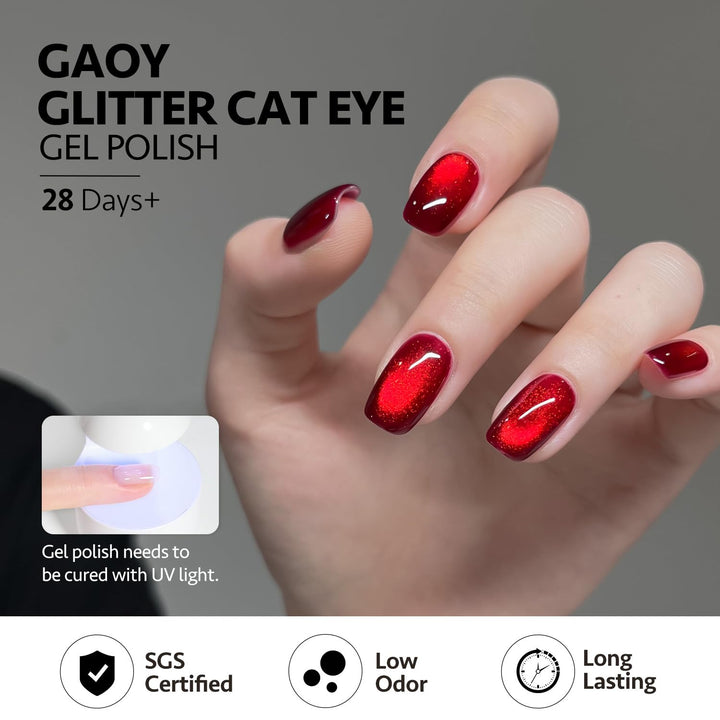 Red Cat Eye Gel Nail Polish, 16Ml Glitter Holographic Nail Polish with Magnet, Reflective Translucent UV Gel, 2907 Ruby Twilight
