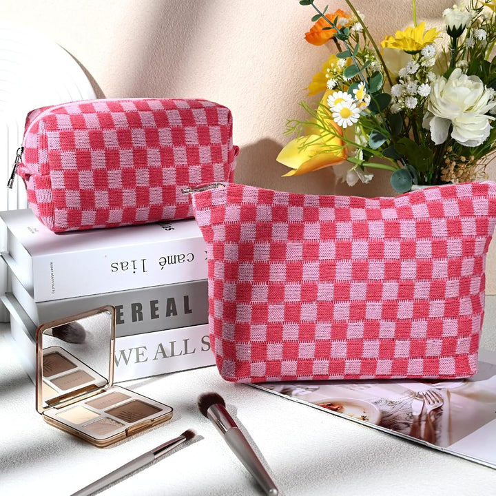 2 Pieces Makeup Bag Large Checkered Cosmetic Bag Capacity Canvas Mix Travel Toiletry Bag Organizer Cute Makeup Brushes Aesthetic Accessories Storage Bag for Women, Checkered Mix Rose Red