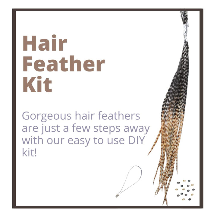 Natural Hair Feathers, Real Long Feather Hair Extensions with Bead Loop Kit, 20 Long Thin Tie Dye Ginger Brown and Black and White Grizzly Striped Ombre Bayalage Plumes