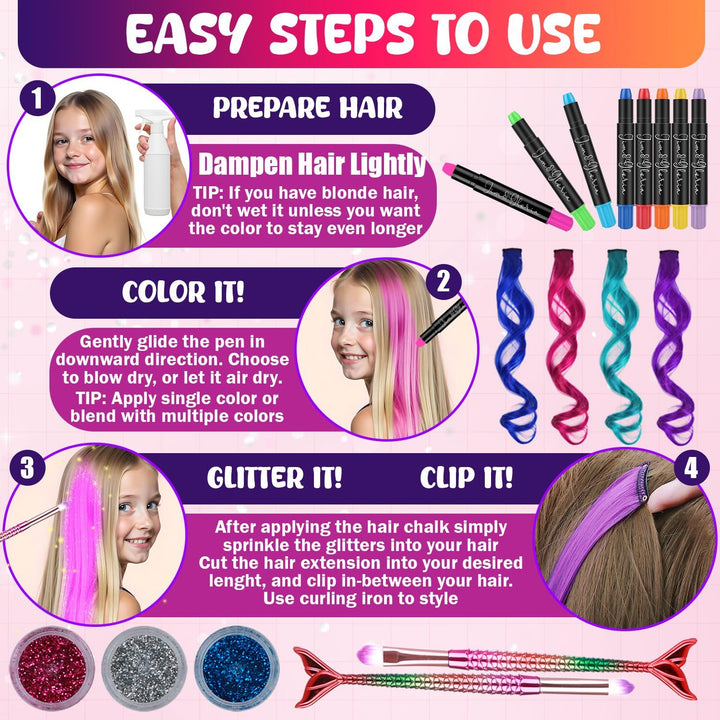 Dustless Hair Chalk for Girls Washable with Clip in Hair Extensions, Brushes and Glitters, Kids Temporary Color Dye, Gifts for Teen Girl Trendy Stuff, Teenage 7 8 9 10 11 12 13 14 Year Old