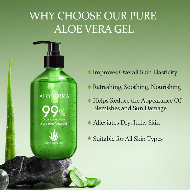 99% Organic Aloe Vera Gel Made within 12 Hours of Harvest - Lightweight, Non-Sticky Aloe Gel for Face Body, Hair, & Scalp, after Sun Relief, Natural, Soothing Hydrating Aloe Gel, 10.6Oz