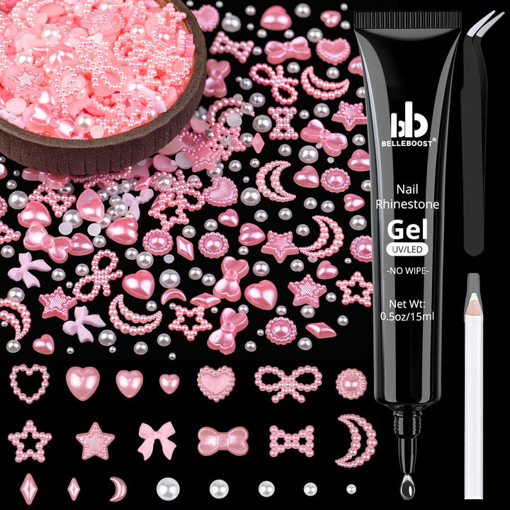 600Pcs 3D Multi Shapes Nail Charms and Flatback Pearls, White Mix Styles Heart Star Bow Sunflower Embellishments for Nail Art, Craft and Decoration with Glue Gel, Tweezer and Pickup Pencil