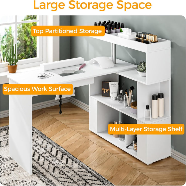 Manicure Table, L-Shaped Nail Tech Desk with Dust Collector, Reversible Rotating Table & Storage Shelf, Acetone Resistant Beauty Salon Station, White