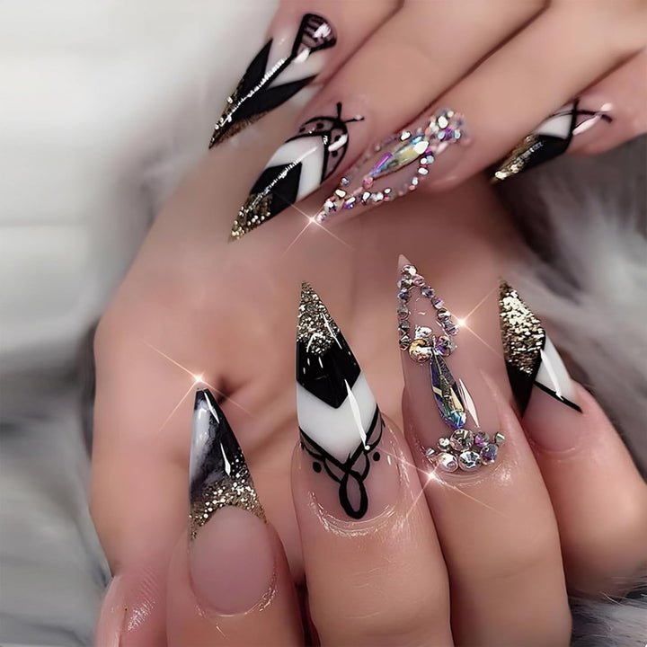 Stiletto Press on Nails Extra Long Fake Nails with Glue Glossy False Nails with Black Gradient Designs Full Cover Almond Acrylic Nail 24Pcs