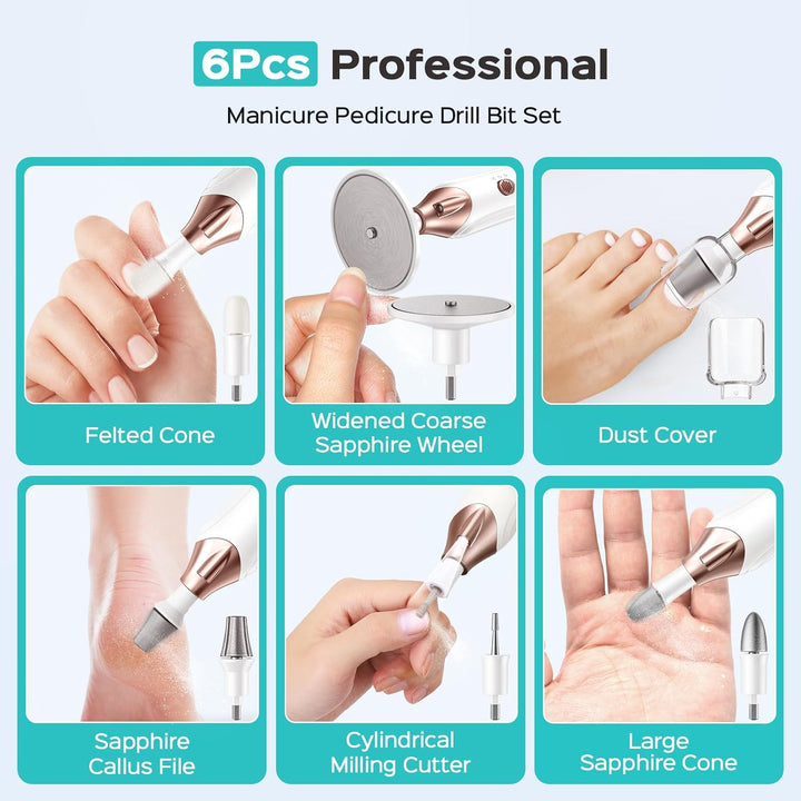 Professional Manicure Pedicure Kit, 5-In-1 Electric Nail File for Toenail Hand Feet Care - Wider Grinder for Thick Nails, Cordless, 5 Speed, for Men Women Seniors Home Salon, White, C43(END10)