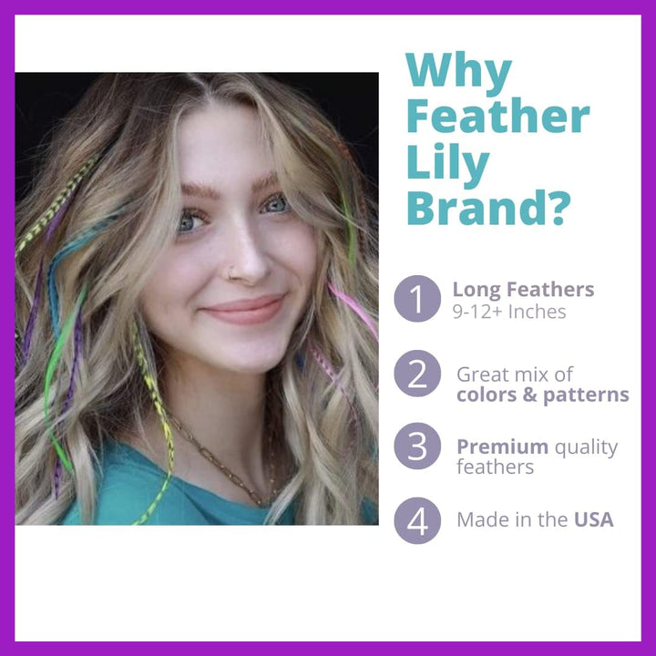 Hair Feathers in Rainbow Tie Dye Bright Colors, 20 Long Feathers with Beads and Loop Tool DIY Kit, Grizzly Rooster Feather Hair Extensions