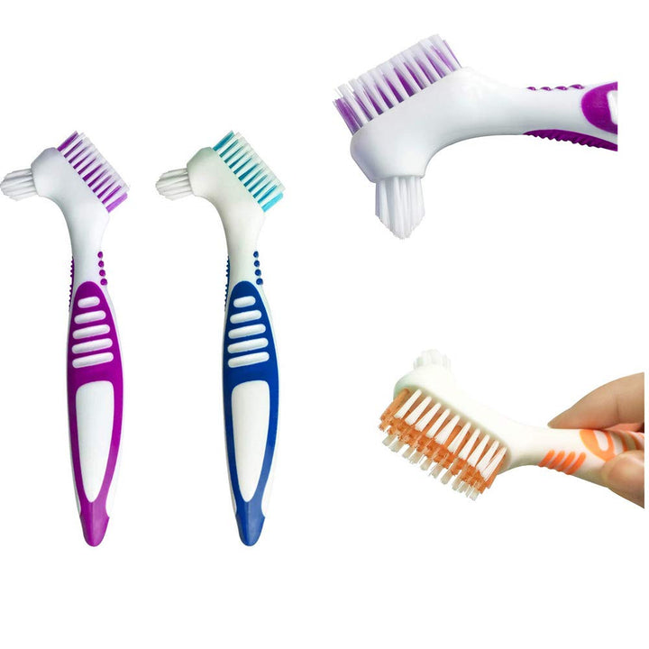 3 Pcs Denture Cleaning Brush Portable Cleaning Brush False Teeth Brushes for Denture Care Denture Cleaner with Multi-Layered Soft Bristles and Dual Angled