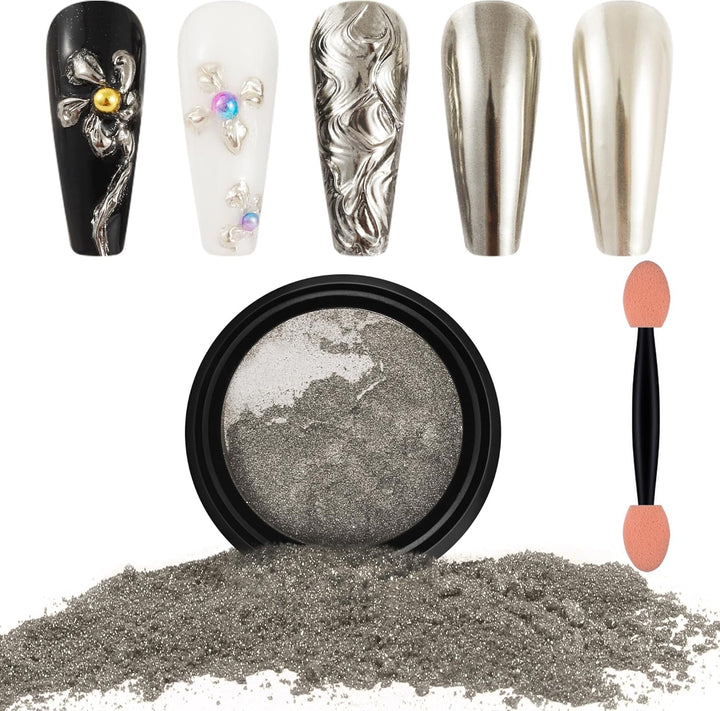 2 Jars Chrome Nail Powder White and Gold Pearl,Iridescent Aurora Powder Metallic Mirror Effect Pigment Pearlescent Mermaid Pearl Glitter Dust Kit (White and Gold)