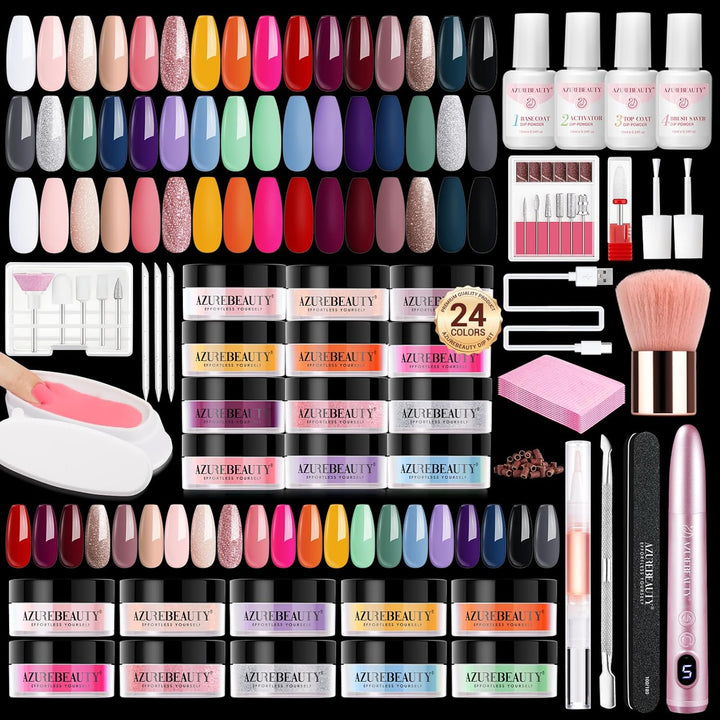 Dip Powder Nail Kit with Electric Nail Drill, 24 Colors Nude Pink Glitter Nail Powder Starter Kit with Dip Liquids Base Top Coat Activator Portable Manicure French Nail Art Essential Set