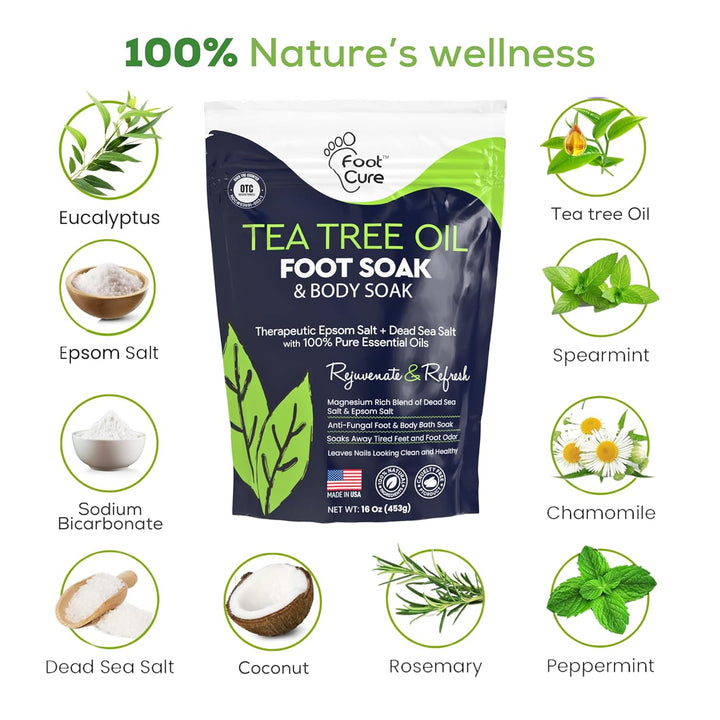 Tea Tree Oil Foot Soak with Epsom Salt - for Toenail Repair, Athletes Foot, Softens Calluses, Soothes Sore & Tired Feet, Nail Discoloration, Odor Scent, Spa Pedicure Care - Made in USA 16 Oz