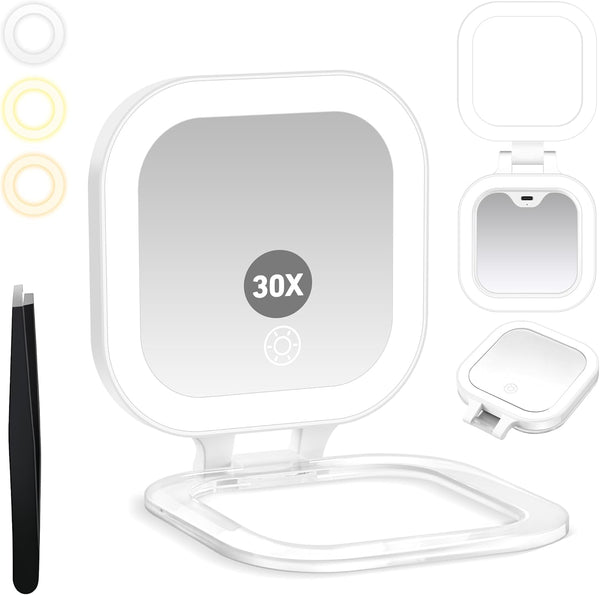 Travel Mirror with Light, 1X/30X Magnifying Mirror with 3 Color Lights and Adjustable Brightness, 4.5X3.9 Inch Small Compact Hangable Hand Pocket 3 Way Mirrors, Comes with Tweezer