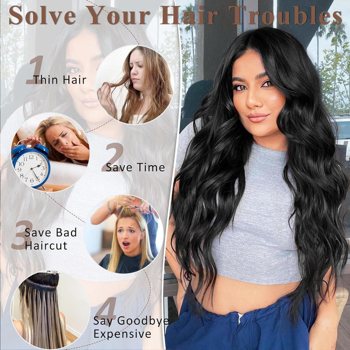 Clip in Long Wavy Synthetic Hair Extension 24 Inch Black 4PCS Thick Hairpieces Fiber Double Weft Hair for Women