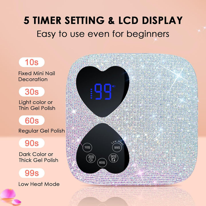 UV LED Nail Lamp Cordless,  80W Rechargeable UV Light for Gel Nails, Professional Gel Light Dryer with 5 Timers & Mirror Base, Sparkling Rhinestones Diamond Curing Lamp for Salon & Home