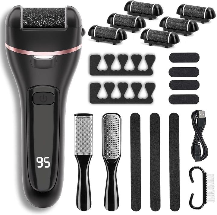 Electric Callus Remover for Feet with 3 Roller Heads 2 Speed Rechargeable Waterproof Professional Pedicure Kit 17 in 1 Foot File Tools Perfect for Dead Hard Cracked Dry Skin