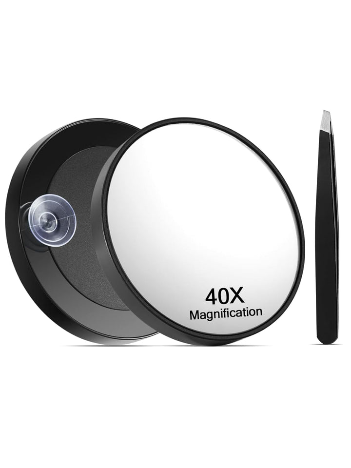 20X/30X/40X Magnifying Mirror with Suction Cups and Tweezers Set, 3.5 Inches Travel Magnified Makeup Mirror, Black, 3PCS