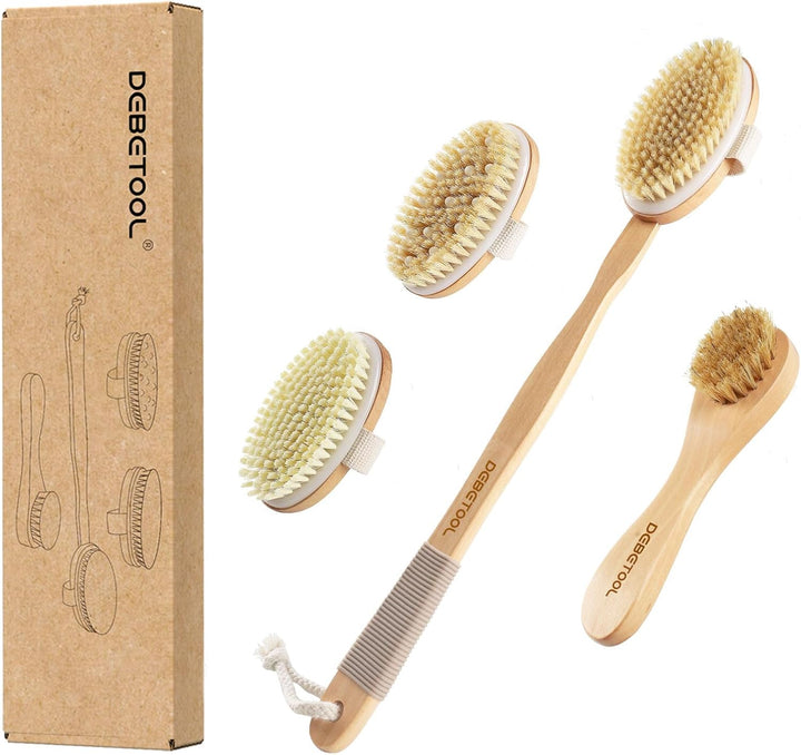 Dry Brushing Set - Natural Boar Bristle Body & Face Brush, Wooden Long Handle Scrub Brush for Cellulite & Lymphatic Drainage, Detachable, 3 Brush Heads