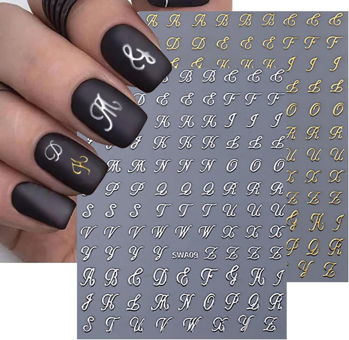 Letter Nail Stickers, 8 Sheets Old English Letter Nail Decals 3D Self-Adhesive Gold Silver Black White Retro English Pattern Old Alphabet Cursive Design Manicure Nail Accessories for Women Girls