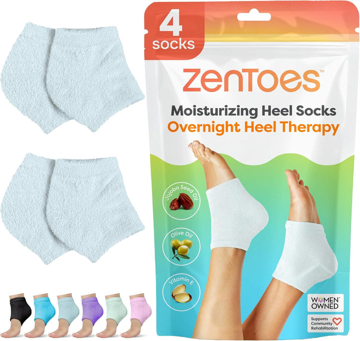 Moisturizing Socks for Cracked Heel Treatment - Vitamin E, Olive Oil and Jojoba Oil Infused Heel Socks to Soften and Hydrate (Fuzzy Blue, Regular)
