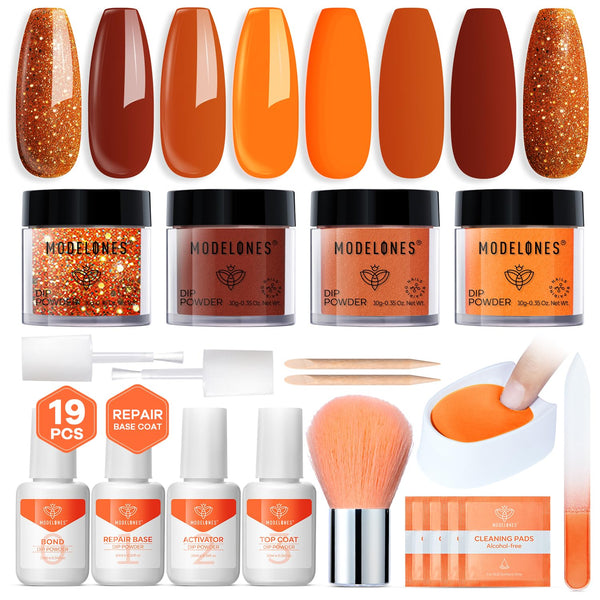 Dip Powder Nail Kit, 4 Colors Fall Orange Glitter Dipping Starter Set with Liquid and Complete Accessories for French Nails Art Salon DIY at Home Manicure