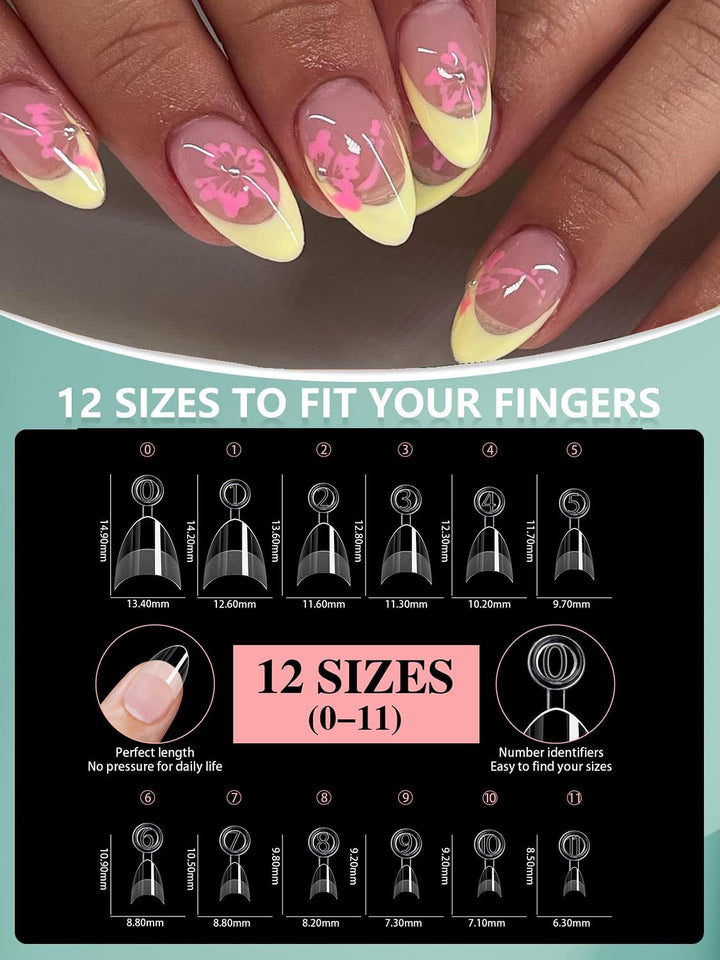 480Pcs Extra Short Half Cover Almond &Tapered Square Nail Tips Gel X Clear Set,2 Shape Pre Shape XXS for Manicure Art Home DIY Salon 12Sizes