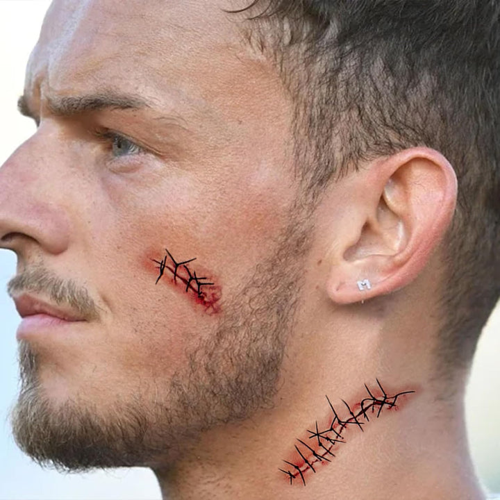 20 Sheets Halloween Zombie Temporary Tattoos -  Chucky Scar Fake Blood Tattoos Waterproof Realistic Stitches Wound Temp Tattoo for Chucky Cosume Prank Makeup Cosplay Kids Men Women Adults