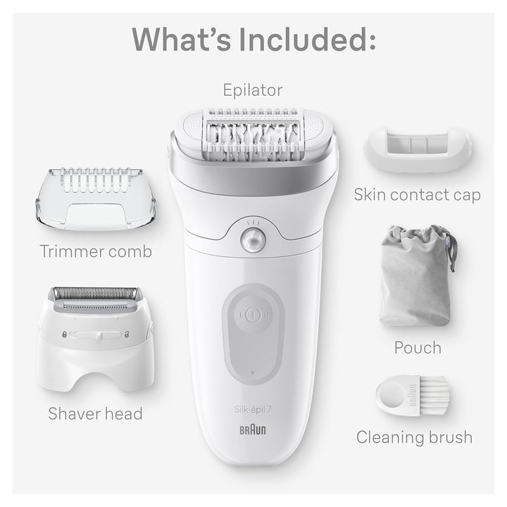 Epilator Silk-Épil 7, Hair Removal Device, Women Shaver & Trimmer, Wet and Dry, Wide Head, Includes Shaver Head and Trimmer Comb, SE7-041, Silver