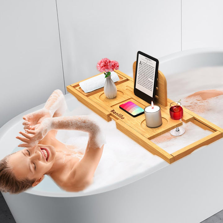 Premium Bamboo Bathtub Tray Caddy - Bath Tub Tray Table for Bathtub - Bath Caddy Tray for Bathtub, Expandable Size, Fits Most Bath Tubs
