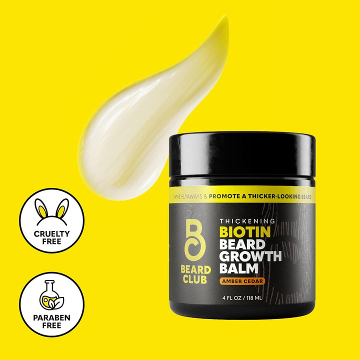 Biotin Beard Balm for Men - Beard Growth Shea Butter with Castor & Coconut Oil - Moisturizing, Hydrating and Softening Cream - Amber Cedar Scent - 4 Oz