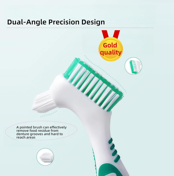 Denture Cleaning Brushes 2-Pack with Dual-Angle Heads - Soft Nylon Bristles & Ergonomic Grip, Travel Denture Brush Kit for Seniors (Green/Purple) | Denture Care Essentials