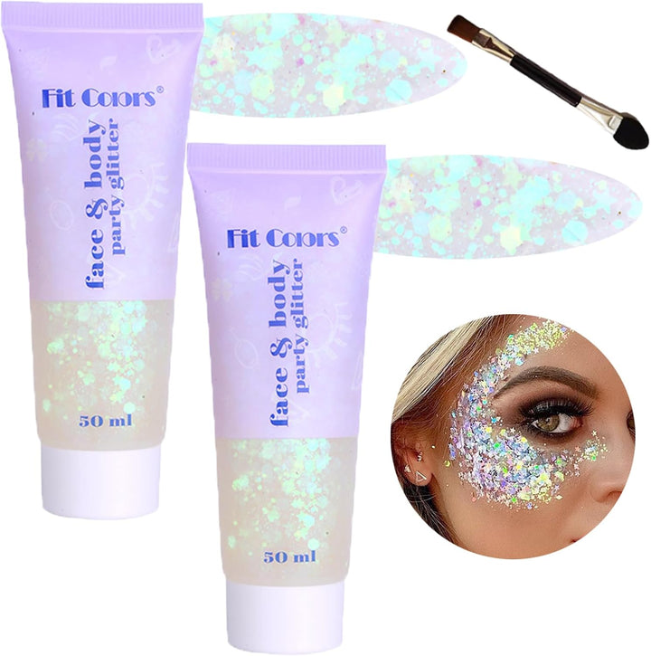 Body Glitter Face Glitter Gel: Singer Concerts Disco Festival Rave Accessories Face Glitter Makeup 150Ml Chunky Sequins Mermaid Face Body Hair Glitter Gel (White&Silver&Pink)
