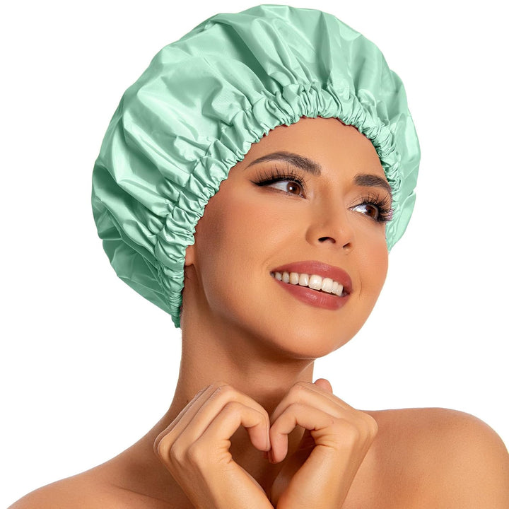 Reusable Shower Cap for Women, Large Waterproof Shower Bonnet Washable Elastic Band Bath Hair Hat for Long Hair, Braids(Green)
