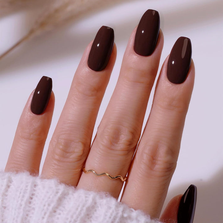 Semi Cured Gel Nail Strips | No LED Lamp Needed | Fall, Solid, Brown | Easy Apply & Remove, Salon Quality | Includes 28 Strips, 1 Prep Pads, Nail File & Wooden Stick - Hey, Espresso Yourself