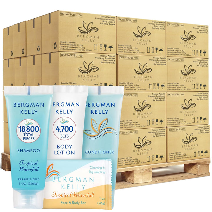 Hotel Toiletries Bundle (Tropical Waterfall, 1 Oz Each, 200 Pieces) 4-Piece Set: 50 Rectangular Bar Soap, 50 Shampoo, 50 Conditioner & 50 Body Lotion - Bulk Mini Guest Amenities