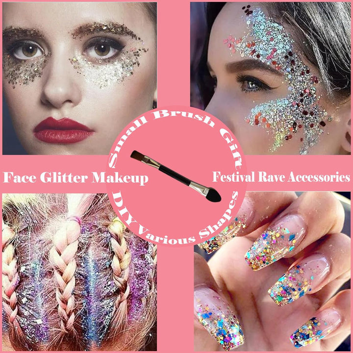 Body Glitter Face Glitter Gel: Singer Concerts Disco Festival Rave Accessories Face Glitter Makeup 150Ml Chunky Sequins Mermaid Face Body Hair Glitter Gel (White&Silver&Pink)
