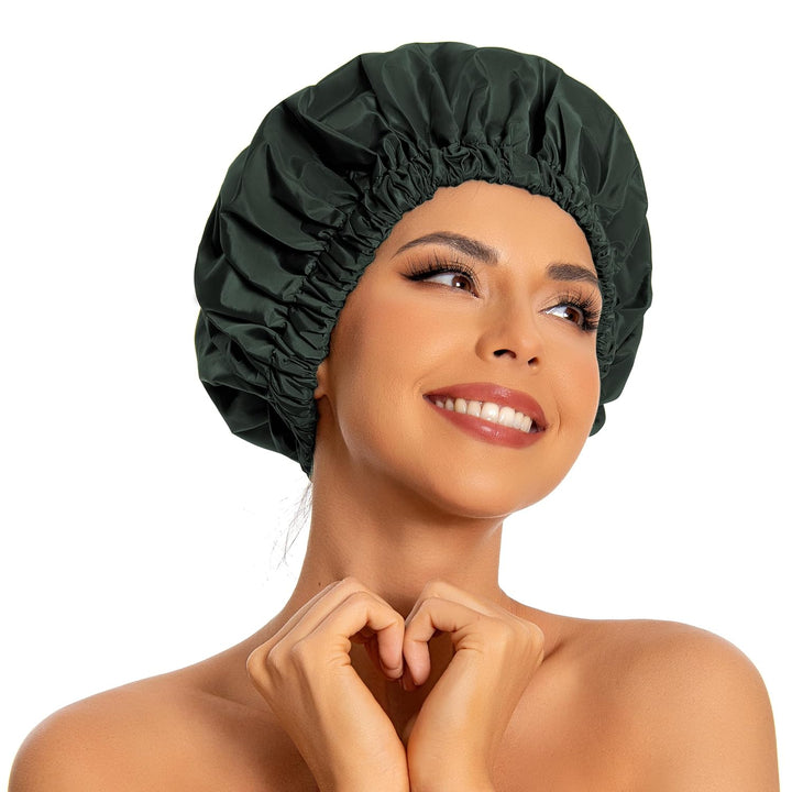 Reusable Shower Cap for Women, Large Waterproof Shower Bonnet Washable Elastic Band Bath Hair Hat for Long Hair, Braids(Green)