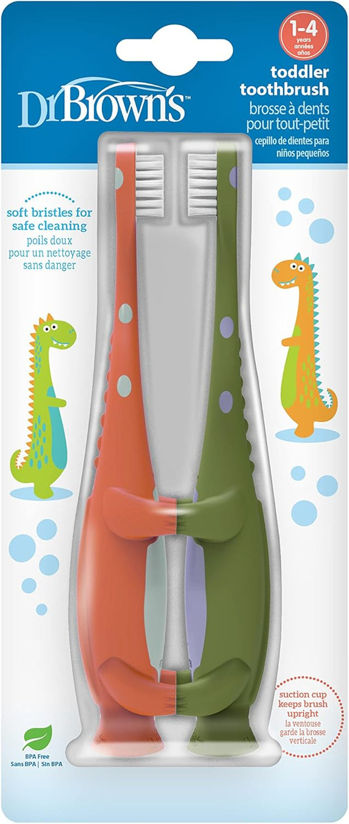 Toddler Toothbrush, Dinosaur, Green and Orange, 2-Pack