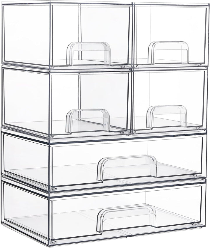 Stackable Storage Drawers Set of 5, Clear Plastic Organizer Bins for Beauty Supplies,Ideal for Vanity, Bathroom,Cabinet,Pantry Organization