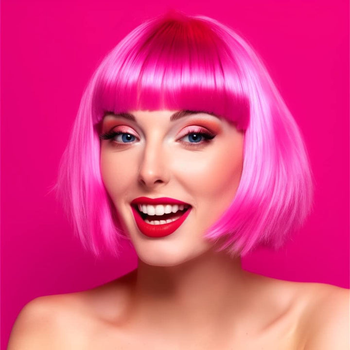 Short Bob Hair Wigs Straight with Flat Bangs Synthetic Colorful Cosplay Daily Party Neon Wig for Women + Free Wig Cap 14" Natural as Real