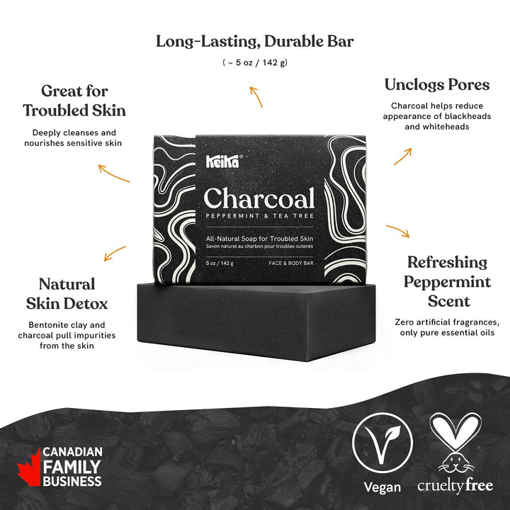 Charcoal Black Soap Bar for Eczema, Psoriasis, Face, Body, Men Women Teens with Oily Skin, 5 Oz.