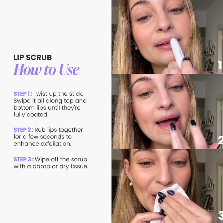3-In-1 Lip Scrub Exfoliator & Moisturizer, Lip Exfoliator Scrub, Hydrating Balm for Soft, Nourished, Flake-Free Lips with One-Step Prep, 0.10Oz