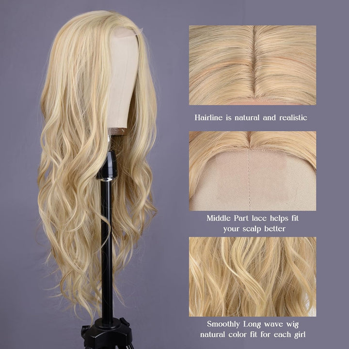 Mixed Blonde Long Wave Wig for Women -26Inch Middle Part Long Curly Wig Heat Resistant Synthetic Hair Looking Natural, Fiber Wig for Daily Party Use
