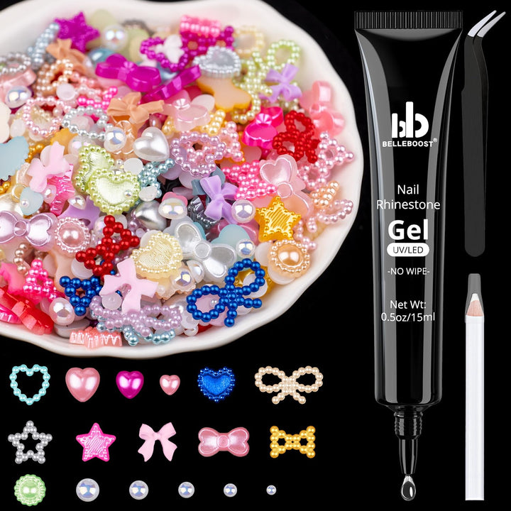 1200Pcs 3D Multi Shapes Nail Charms and Flatback Pearls, White&Pink Mix Styles Heart Star Bow Sunflower Embellishments for Nail Art, Craft and Decoration with Tweezer and Pickup Pencil