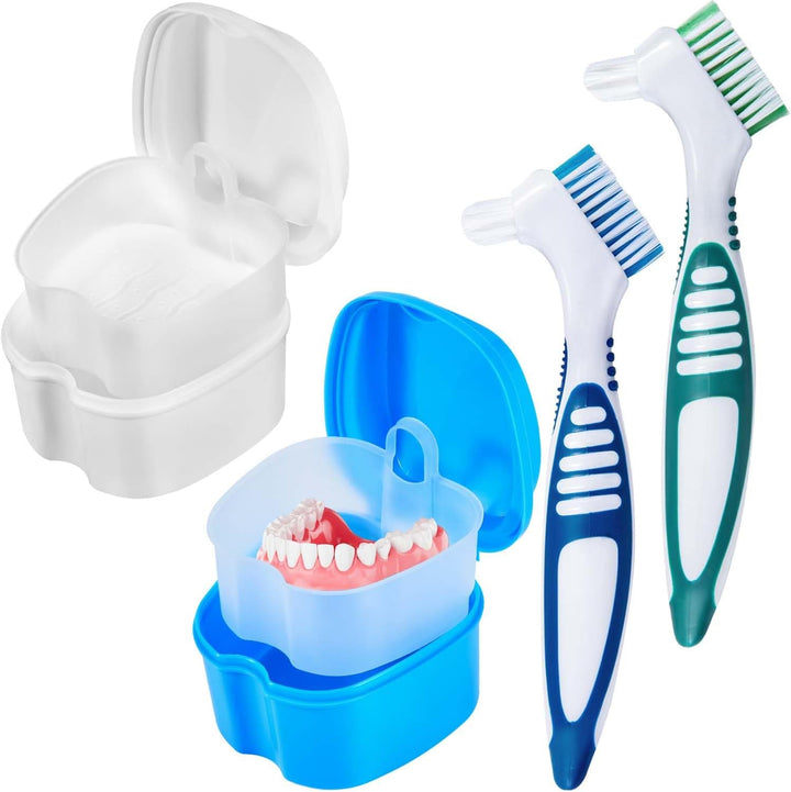 2 Pack Denture Bath Case Cup Box Holder Storage Container with Denture Cleaner Brush Strainer Basket for Travel Cleaning (Light Blue and Blue)